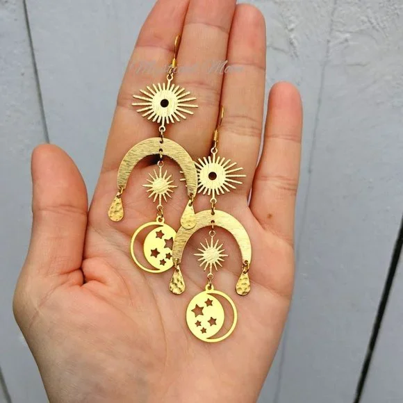 Cosmic Moon Chandelier Earrings with Sun & Moon Handmade Witchy Jewelry - Picture 1 of 5